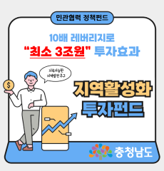민관협력 정책펀드
10배 레버리지로 "최소 3조원" 투자효과
지속가능한 지역발전추구 지역활성화 투자펀드
충청남도