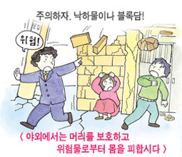 야외에서는 머리를 보호하고 위험물로부터 몸을 피하는 이미지