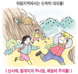 위험지역에서는 신속하게 대피를 산사태 절개지의무너짐 해일에 주의하는 이미지