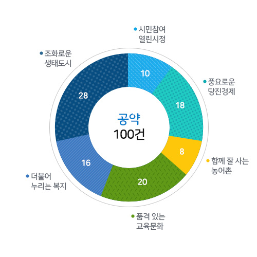 공약100건 시민참여 열린시정10%, 풍요로운 당진경제18%, 함께 잘사는 농어촌8%, 품격 있는 교육문화20%, 더불어 누리는 복지16%, 조화로운 생태도시28%