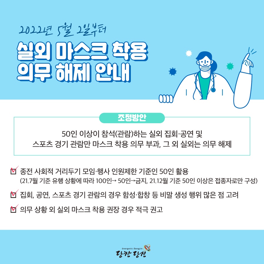 오늘부터 실외 마스크 착용 의무 조정안 시행 이미지