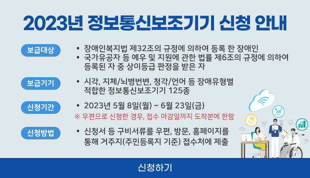 보급대상 :
-장애인복지법 제32조의 규정에 의하여 등록 한 장애인
-국가유공자 등 예우 및 지원에 관한 법률 제6조의 규정에 의하여 등록된 자 중 상이등급 판정을 받은 자
보급기기 :
-시각, 지체/뇌병번변, 청각/언어 등 장애유형별 적합한 정보통신보조기기 125종
신청기간 :
-2023년 5월 8일(월) ~ 6월 23일(금) ※우편으로 신청한 경우, 접수 마감일까지 도착분에 한함
신청방법 :
-신청서 등 구비서류를 우편, 방문, 홈페이지를 통해 거주지(주민등록지 기준) 접수처에 제출
신청하기
