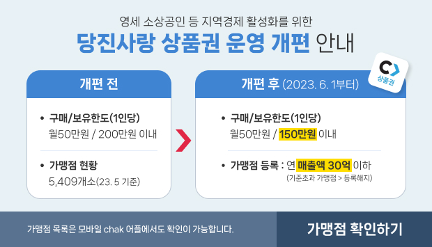 개편 전
-구매/보유한도(1인당) : 월50만원 / 200만원 이내
-가맹점 현황 : 5,409개소(23. 5 기준)
개편 후(2023.6.1부터)
-구매/보유한도(1인당) : 월50만원 / 150만원 이내
-가맹점 등록 : 연 매출액 30억 이하 (기준초과 가맹점 > 등록해지)
가맹점 목록은 모바일 chak 어플에서도 확인이 가능합니다.
가맹점 확인하기