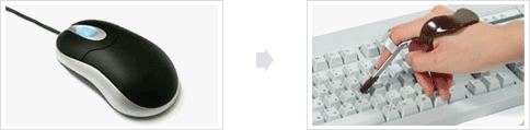 왼쪽 이미지는 일반사람들이 사용하는 마우스는 지체장애인이 사용하기가 어려울 수 있습니다. 오른쪽 이미지는 지체장애인은 보조기구를 이용하여 키보드로 홈페이지를 이용할 수 있습니다.