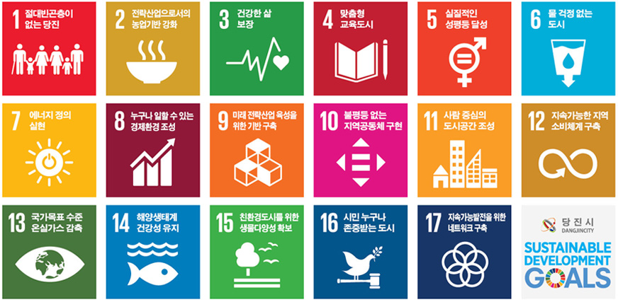 당진시 지속가능발전 목표 : 1.절대빈곤층이 없는 당진 2.전략산업으로서의 농업기반 강화 3.건강한 삶 보장 4.맞춤형 교육도시 5.실질적인 성평등 달성 6.물 걱정 없는 도시 7.에너지 정의 실현 8.누구나 일할 수 있는 경제환경 조성 9.미래전략산업 육성을 위한 기반 구축 10.불평등 없는 지역공동체 구현 11.사람 중심의 도시공간 조성 12.지속가능한 지역 소비체계 구축 13.국가목표 수준 온실가스 감축 14.해양생태계 건강성 유지 15.친환경도시를 위한 생물다양성 확보 16. 시민 누구나 존중받는 도시 17.지속가능발전을 위한 네트워크 구축