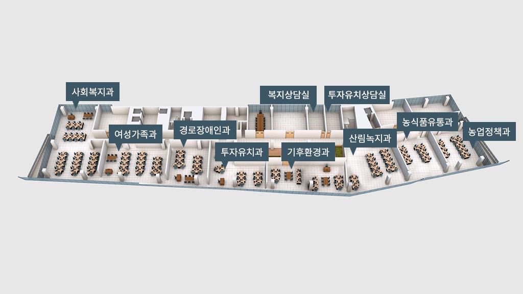 당진시청 4층 안내도 : 좌측끝부터 시계방향으로 사회복지과, 여성가족과, 경로장애인과, 투자유치과, 기후환경과, 산림녹지과, 농식품유통과, 농업정책과, 복지상담실, 투자유치상담실 (이)가 있습니다.