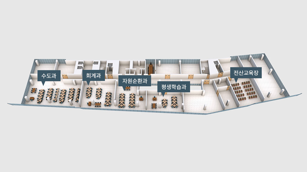 당진시청 5층 안내도 : 좌측끝부터 시계방향으로 회계과, 수도과, 자원순환과, 평생학습과, 전산교육장 (이)가 있습니다.