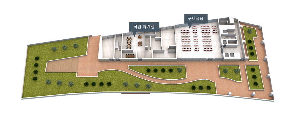 당진시청 3층 안내도 : 좌측끝부터 시계방향으로 직원 휴게실, 구내식당 (이)가 있습니다.