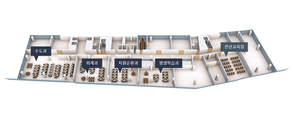당진시청 5층 안내도 : 좌측끝부터 시계방향으로 수도과, 회계과, 자원순환과, 평생학습과, 전산교육장 (이)가 있습니다.