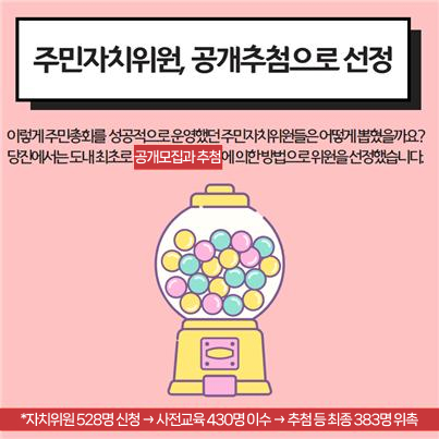 주민자치위원, 공개추첨으로 선정. 이렇게 주민총회를 성공적으로 운영했던 주민자치위원들은 어떻게 뽑혔을까요? 당진에서는 도내 최초로 공개모집과 추첨에 의한 방법으로 위원을 선정했습니다. *자치위원 528명 신청→사전교육 430명 이수→추첨 등 최종 383명 위촉