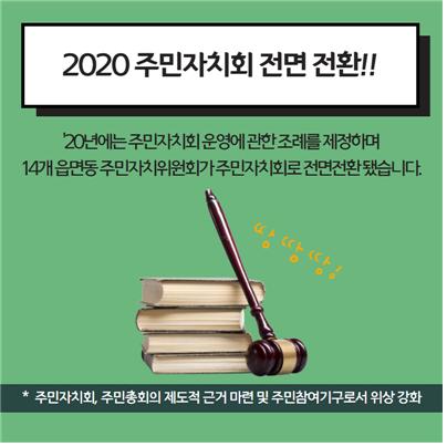 2020 주민자치회 전면 전환!! '20년에는 주민자치회 운영에 관한 조례를 제정하며 14개 읍면동 주민자치위원회가 주민자치회로 전면 전환됐습니다. *주민자치회, 주민총회의 제도적 근거 마련 및 주민참여기구로서 위상 강화