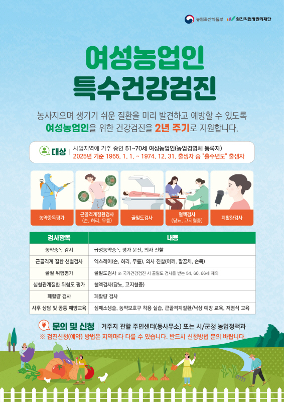 당진시, 여성농업인 특수건강검진비 90% 지원