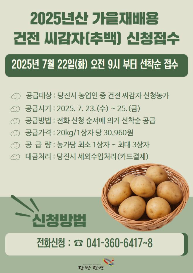 당진시, 가을 재배용 추백 씨감자 2톤 신청 접수 시작 이미지