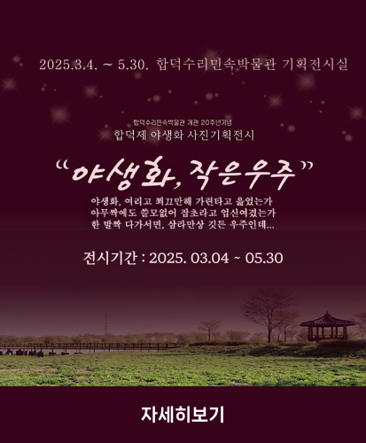 2025.3.4. ~ 5.30. 합덕수리민속박물관 기획전시실
"야생화, 작은우주"
야생화, 여리고 쬐끄만해 가련타고 읊었는가
아무짝에도 쓸모없어 잡초라고 업신여겼는가
한 발짝 다가서면, 삼라만상 깃든 우주인데...
자세히보기