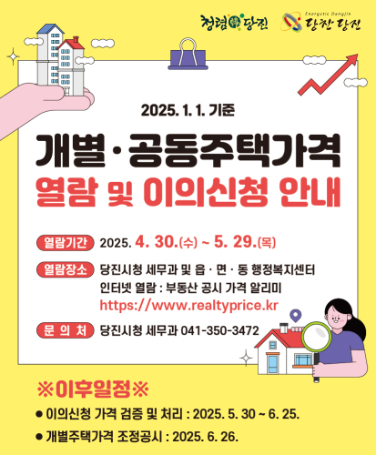 열람기간 : 2025.4.30.(수) ~ 5.29.(목)
열람장소 : 당진시청 세무과 및 읍·면·동 행정복지센터 인터넷 열람 : 부종산 공시 가격 알리미 https://www.realtyprice.kr
문의처 : 당진시청 세무과 041-350-3472

※이후일정※
-이의신청 가격 검증 및 처리 : 2025.5.30. ~ 6.25.
-개별주택가격 조정공시 : 2025.6.26.