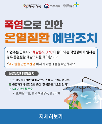 사업주는 근로자가 체감온도 31℃ 이상이 되는 작업장에서 일하는 경우 온열질환 예방조치를 해야합니다.
*’위기탈출 안전보건 앱’에서 자세한 내용을 확인하세요.
온열질환 예방조치
- 온,습도계 비치하여 체감온도 측정 및 조치사항 기록
- 근로자에게 온열질환 증상 및 응급조치 요령 알리기
- 5대 기본수칙 준수(물, 바람·그늘, 휴식, 보냉장구, 응급조치)