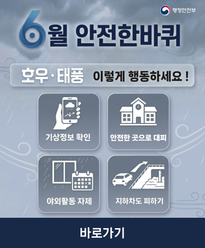 행정안전부
기상정보 확인
안전한 곳으로 대피
야외활동 자제
지하차도 피하기
바로가기