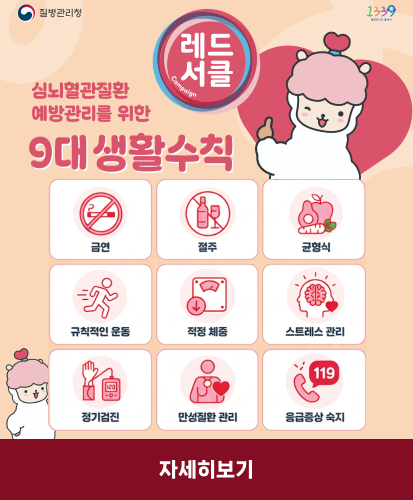 금연, 절주, 균형식, 규칙적인 운동, 적정 체중, 스트레스 관리, 정기검진, 만성질환 관리, 응급증상 숙지
자기 혈관 숫자 알기 정상혈압 120/80 mmHg미만, 정상혈당 100mg/dL미만, 정상 콜레스테롤 200mg/dL미만
자세히보기
