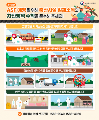 농림축산식품부
고향 방문 시 축산농장 방문을 자제해 주시기 바랍니다
벌초나 성묘를 하시고 난 후 차단방역에 주의해 주시기 바랍니다
축산농장 방역수칙을 필히 준수해 주시기 발바니다
양돈 농장, 도축장 등 축산관계시설을 일제 소독해 주시기 발바니다
가축질병 의심 신고전화 1588-9060, 1588-4060