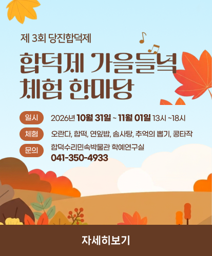 일시: 2026년 10월 31일 ~ 11월 01일 13시 ~18시
체험: 오란다, 합떡, 연잎밥, 솜사탕, 추억의 뽑기, 콩타작
문의: 합덕수리민속박물관 학예연구실 041-350-4933
자세히보기